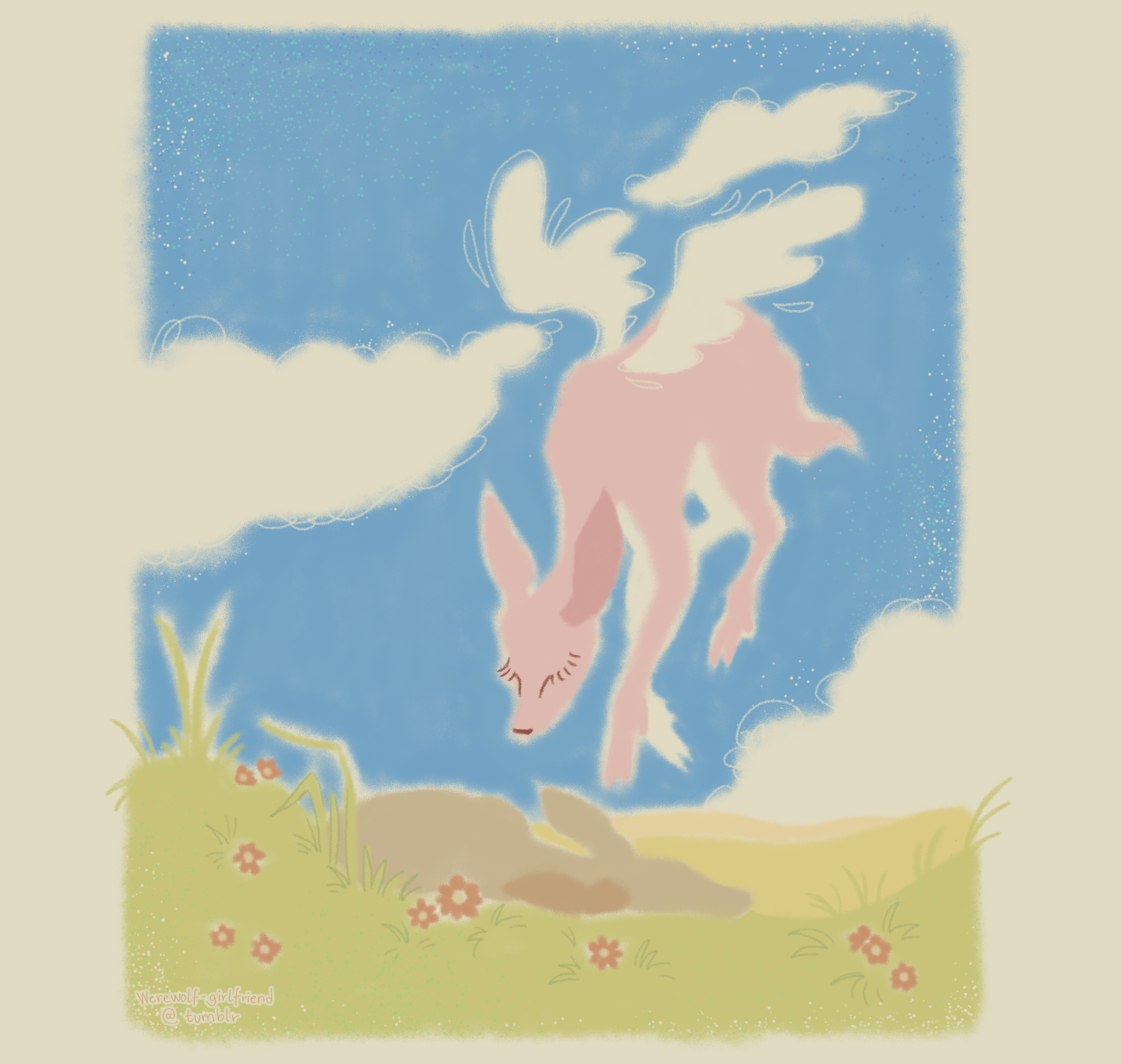 A digital drawing in soft, pastel colors. Below a pleasantly blue sky lies a deer in a yellowed pasture. Another deer, with a pink coat and white, feathered wings, hovers above the still deer.